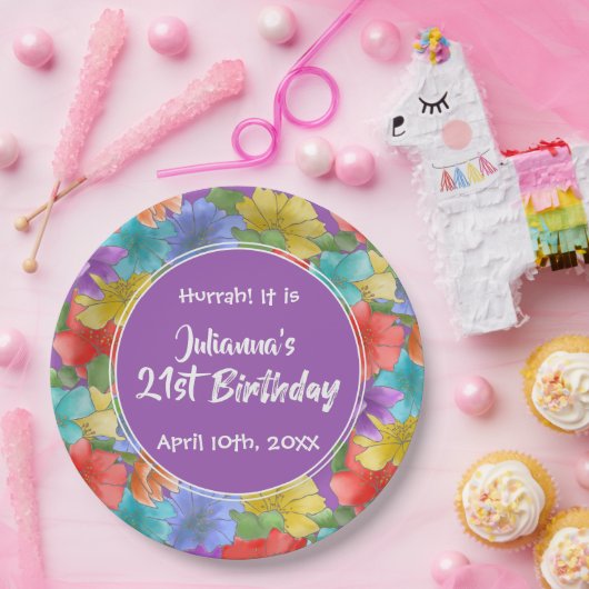 紫モダン水彩フローラ21歳の誕生日 ペーパープレート (パーティー)