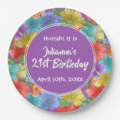 紫モダン水彩フローラ21歳の誕生日 ペーパープレート (正面)