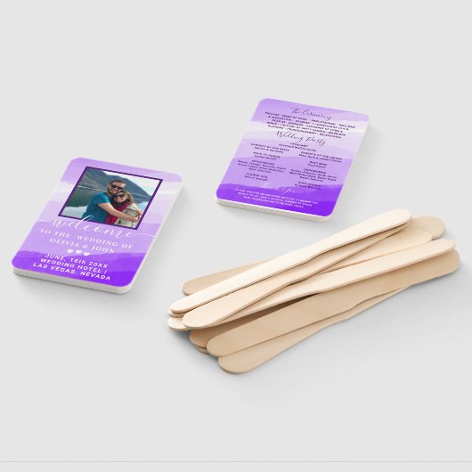 紫モダン水彩写真結婚式プログラムハ ハンドファン (組立なし)