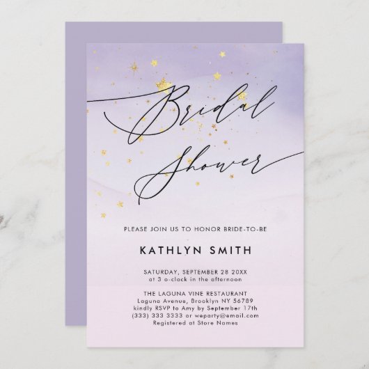 紫モダン水彩書道ブライダルシャワー 招待状 (正面/裏面)