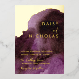 紫モダン水彩金箔結婚ズ 箔招待状