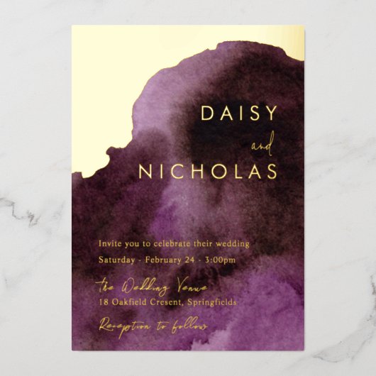 紫モダン水彩金箔結婚ズ 箔招待状 (正面)