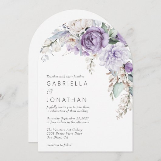 紫モダン水色フローラ結婚式招待状 招待状 (正面/裏面)
