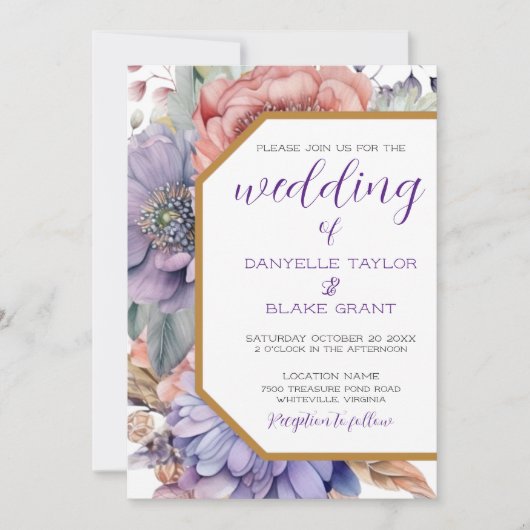 紫モダン王室のフローラ幾何学図法結婚の 招待状 (正面)