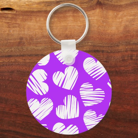 紫モダン白の鳩ハートバレンタインデー キーホルダー (正面)