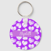 紫モダン白の鳩ハートバレンタイン名 キーホルダー (正面)