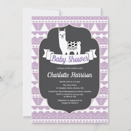 紫モダン白ラマアステカス赤ちゃん 招待状 (正面)
