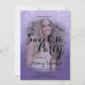 紫モダン紫バイオレットグラデーショングリッター写真Sweet 16 招待状 (正面)