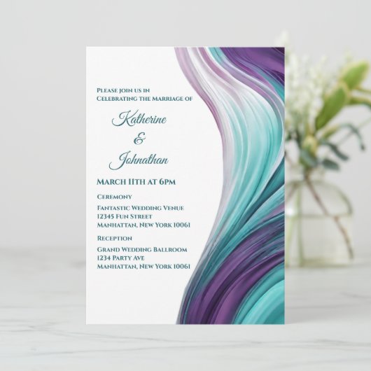 紫モダン結婚とティール(緑がかった色) 招待状 (スタンド正面)