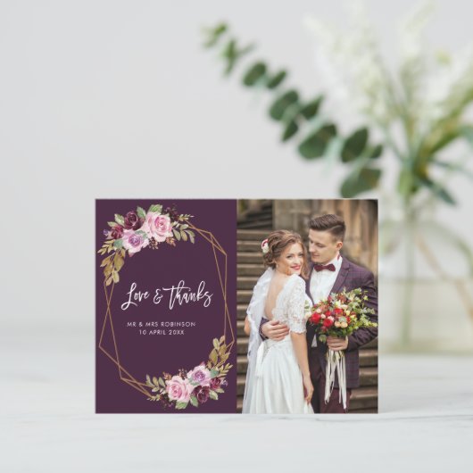 紫モダン結婚感謝していの写真カード ポストカード (スタンド正面)