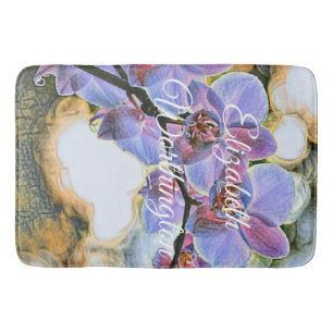 紫モダン絵画色の青い蘭の花 バスマット