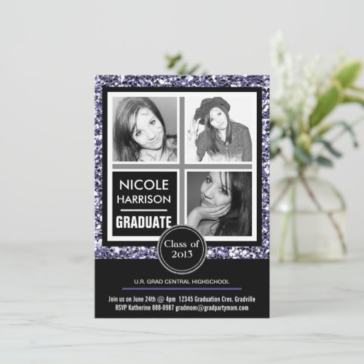 紫モダン色のフェイクグリッター3フォトグラジャル 招待状 (スタンド正面)