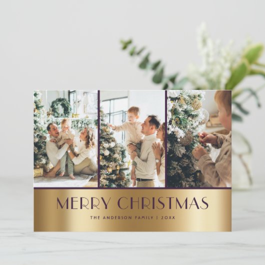 紫モダン色の金ゴールド写真コラージュクリスマスカード シーズンカード (スタンド正面)