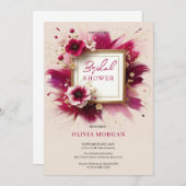 紫モダン色ピンク色の花金ゴールド枠ブライダル 招待状 (正面/裏面)