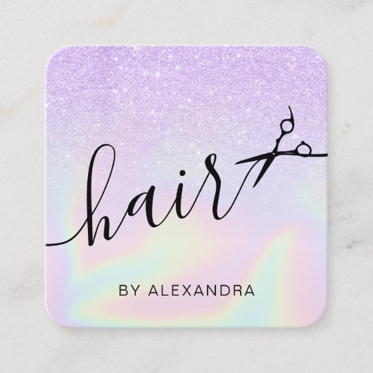 紫モダン色ホログラフィックヘアスタイリスト スクエア名刺 (正面)