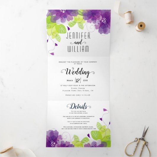 紫モダン花、タイポグラフィフローラ結婚ズ 三つ折り招待状 (内部)