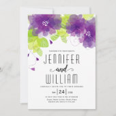 紫モダン花、タイポグラフィフローラ結婚ズ 招待状 (正面)