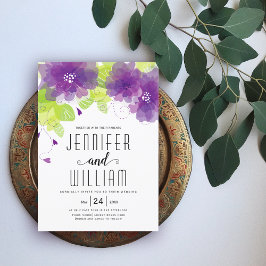 紫モダン花、タイポグラフィフローラ結婚ズ 招待状