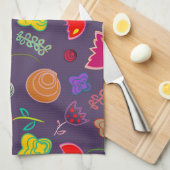 紫モダン芸術品を気取ったとピンクの花 キッチンタオル (四つ折り)