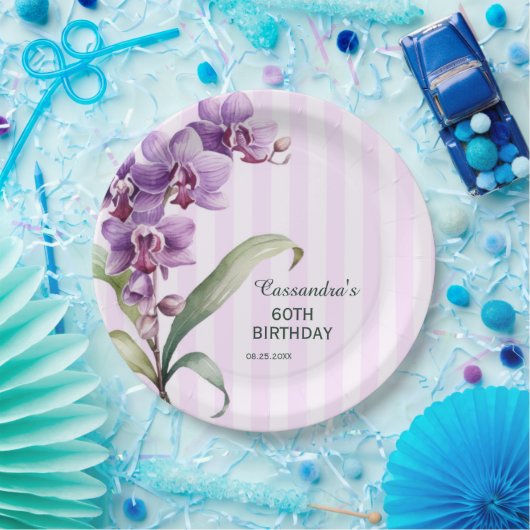 紫モダン蘭ストライプフローラ60誕生日 ペーパープレート (パーティー)