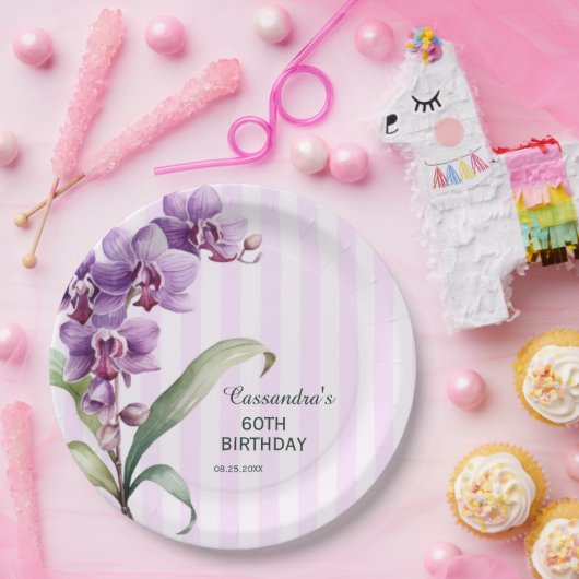 紫モダン蘭ストライプフローラ60誕生日 ペーパープレート (パーティー)