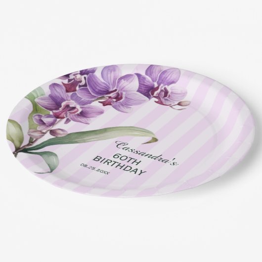 紫モダン蘭ストライプフローラ60誕生日 ペーパープレート (アングル)