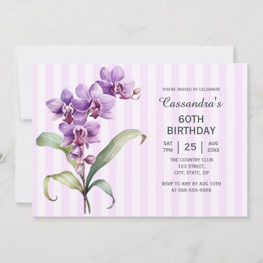 紫モダン蘭ストライプフローラ60誕生日 招待状 (正面)