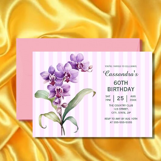 紫モダン蘭ストライプフローラ60誕生日 招待状