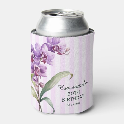 紫モダン蘭ストライプフローラ60誕生日 缶クーラー (缶正面)