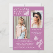 紫モダン蝶の写真卒業パーティー 招待状 (正面)