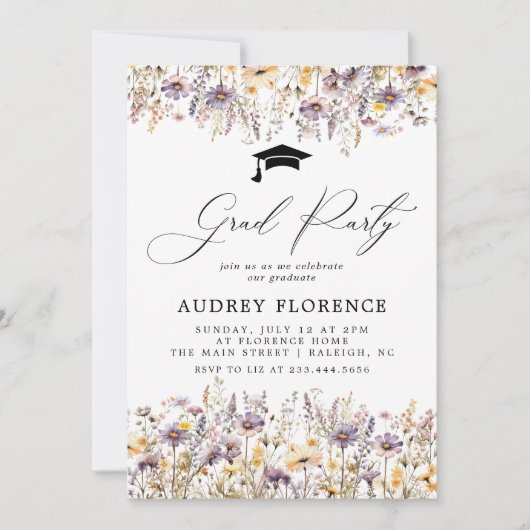 紫モダン野花フローラグラードパーティー 招待状 (正面)