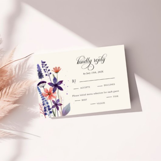 紫モダン野花結婚の食事の選択 出欠カード