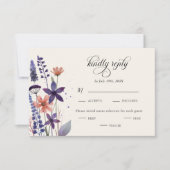 紫モダン野花結婚の食事の選択 出欠カード (正面)