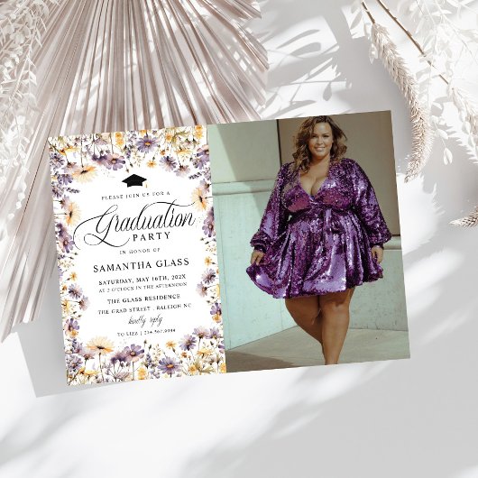 紫モダン野草写真卒業パーティー 招待状