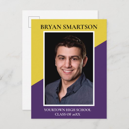 紫モダン黄色の卒業写真のお知らせ 案内ポストカード (正面/裏面)