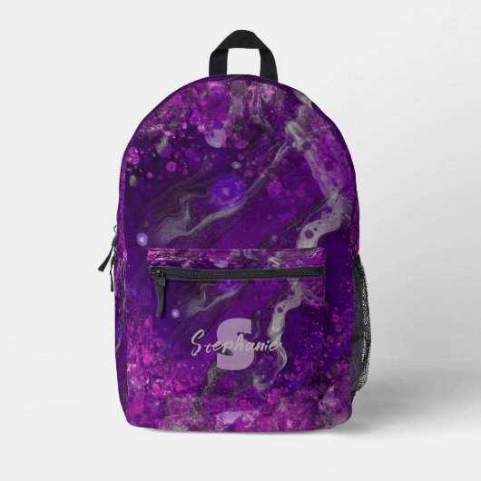 紫モダン黒丸紋模様モノグラム名 プリントバックパック (正面)