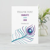 紫モダン、ティール(緑がかった色)青い孔雀の結婚ありがとう 招待状 (スタンド正面)