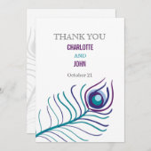 紫モダン、ティール(緑がかった色)青い孔雀の結婚ありがとう 招待状 (正面/裏面)