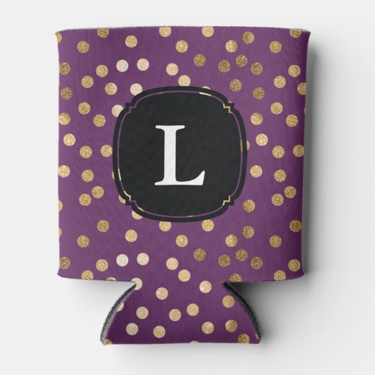紫モノグラムのと金ゴールドグリッター水玉模様 缶クーラー (正面)