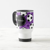 紫モノグラムの黒サッカーのボールパターン トラベルマグ (正面左)