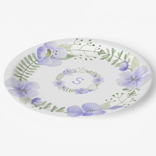 紫モノグラムフローラ水色エレガントな結婚式 ペーパープレート (アングル)