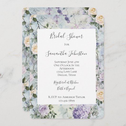 紫ラベかわいらしンダーホワイトフラワーズブライダルシャワー 招待状 (正面/裏面)