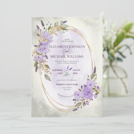 紫ラベエレガントンダーフローラ水彩写真 招待状 (スタンド正面)