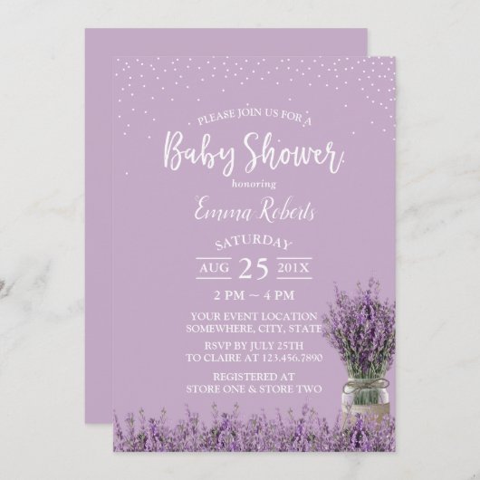 紫ラベエレガントンダー花赤ちゃんシャワー 招待状 (正面/裏面)