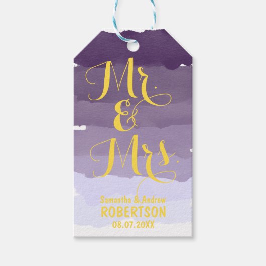 紫ラベンダーの水彩色グラデーションストライプ ギフトタグ (正面)