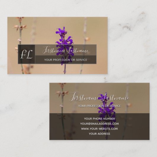 紫ラベンダーの花の灰色の長方形モノグラム 名刺 (正面/裏面)