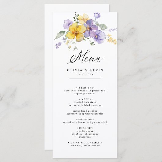 紫ラベンダーイエローウォーター色のフローラ結婚ズ メニュー (正面/裏面)