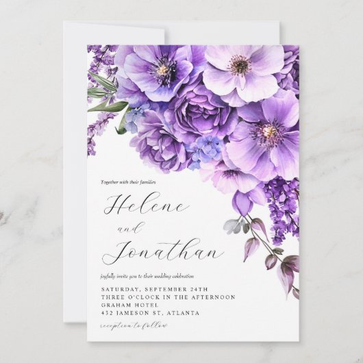 紫ラベンダーウォーターカラーガーデンエレガントな結婚式 招待状 (正面)