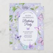 紫ラベンダーバタフライフローラ誕生日 招待状 (正面/裏面)