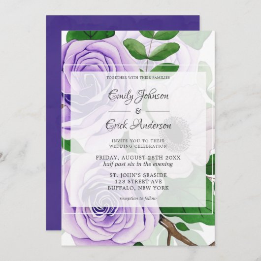 紫ラベンダーバラグリーンウォーター結婚カラーのInv 招待状 (正面/裏面)